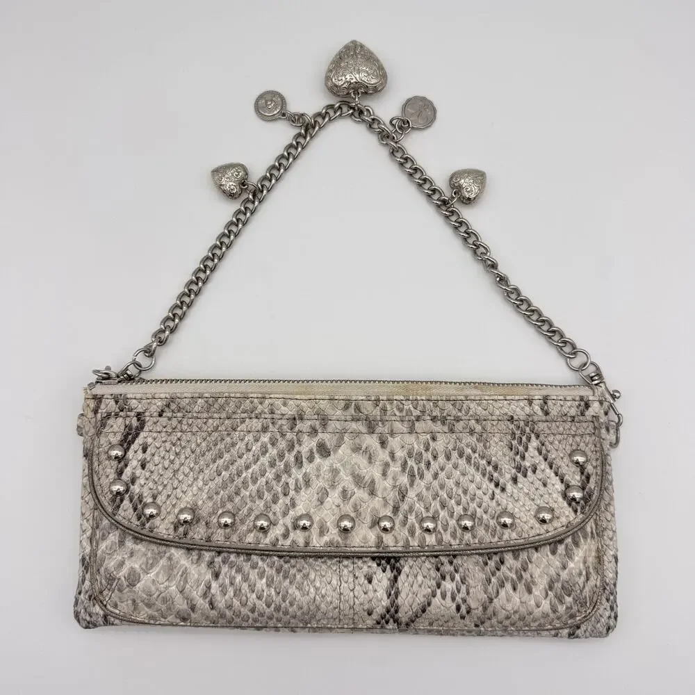 Kathy Van Zeeland Y2K Shoulder Clutch Bag Snakeskin Studded Chain Heart Charms